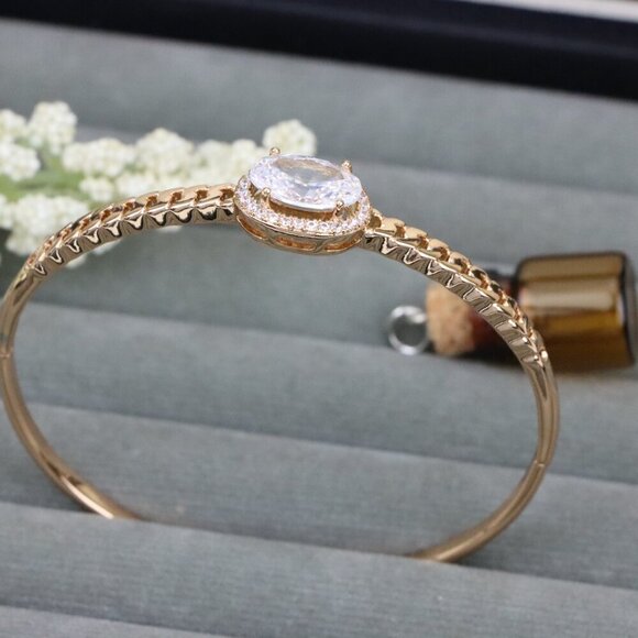 Oval Stone Rose Gold Bangle with Chain-Style Detailing, XPBL0443 - Picture 1 of 12